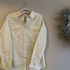 Women’s Cream and Tan Plaid Shirt with Bright Yellow Flowers